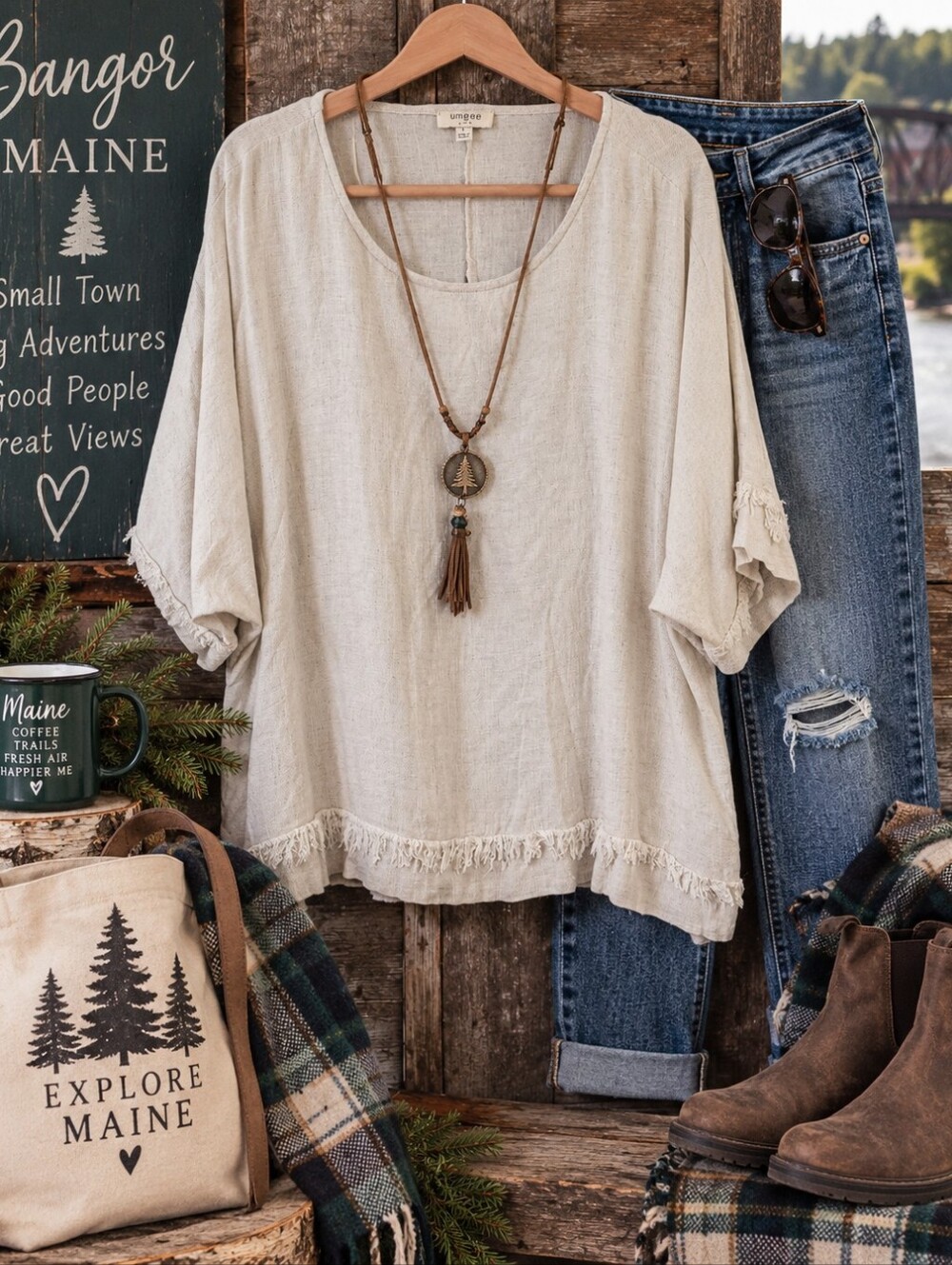 Umgee Large Linen Blend Boho Fringe Hem Oversized Top Oatmeal Cream